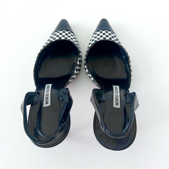 MANOLO BLAHNIK | Black White Cap Toe Woven Leather SlingBack Pointed Pumps - Picture 7 of 16
